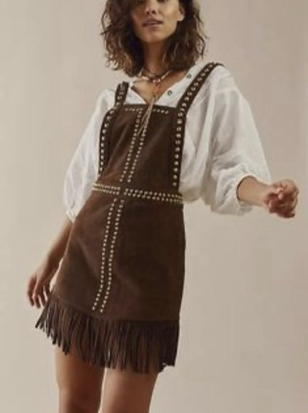Understated Leather Studded Brown Fringe Pinafore Suede Western Mini Dress L
